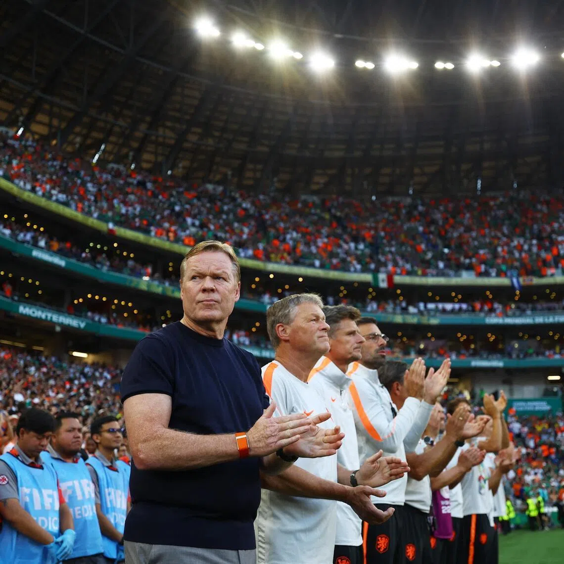 Soccer Football - FIFA World Cup 2026 - Round of 32 - Netherlands v Morocco - Estadio Monterrey, Monterrey, Mexico - June 29, 2026
Netherlands coach Ronald Koeman and his coaching staff before the match REUTERS/Daniel Becerril