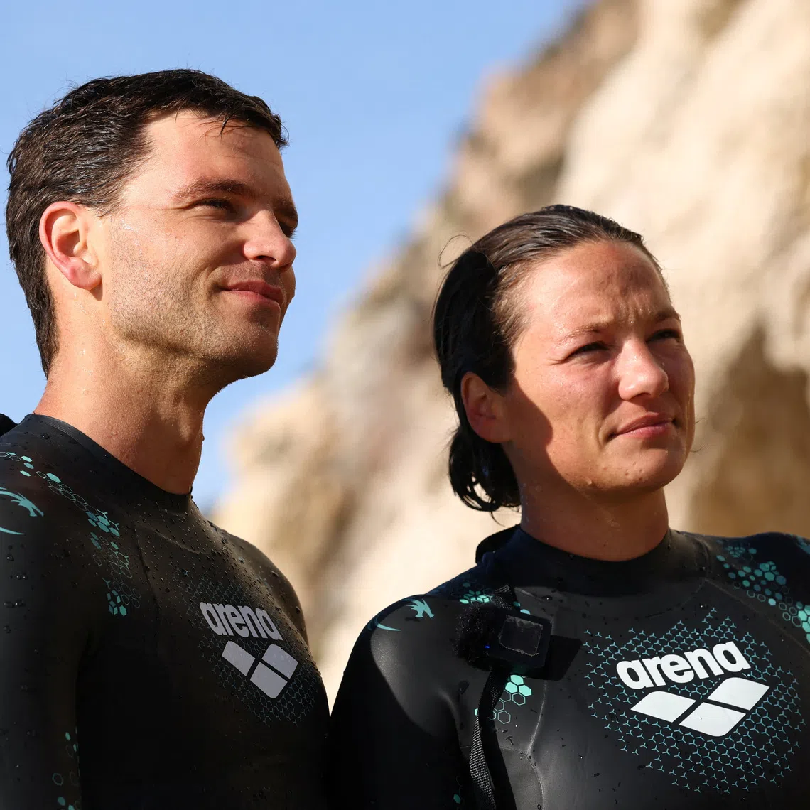French swimmers and 'eco-adventurers' Chloe Leger Witvoet and Matthieu Witvoet attend an interview after a training session, ahead of a cross-Atlantic swim scheduled to start in Cape Verde and to end in the French overseas department of Guadeloupe, in Marseille, France, September 17, 2025. REUTERS/Manon Cruz