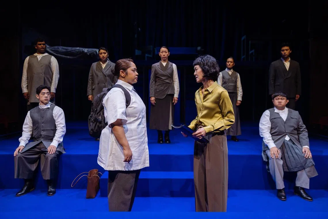 Wild Rice’s The Radicalisation Of Mrs. Mary Lim-Rodrigues, which stars Suhaili Safari (in white top) and Janice Koh (in yellow top), is written by playwright Michelle Tan and directed by Edith Podesta.