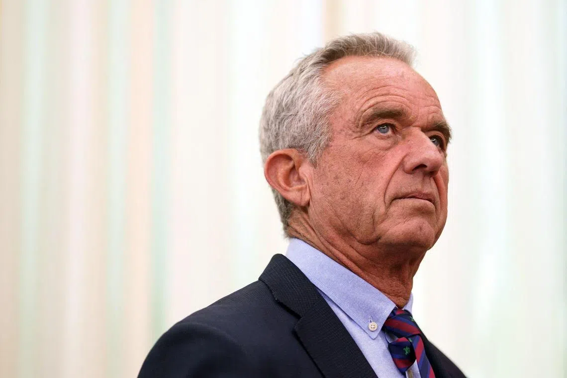 Robert F. Kennedy Jr., secretary of Health and Human Services (HHS), during a swearing-in ceremony for Mehmet Oz, administrator of the Centers for Medicare & Medicaid Services, in the Oval Office of the White House in Washington, DC, US, on Friday, April 18, 2025. The Senate confirmed surgeon and TV star Mehmet Oz to lead the agency on April 3. Photographer: Will Oliver/EPA/Bloomberg