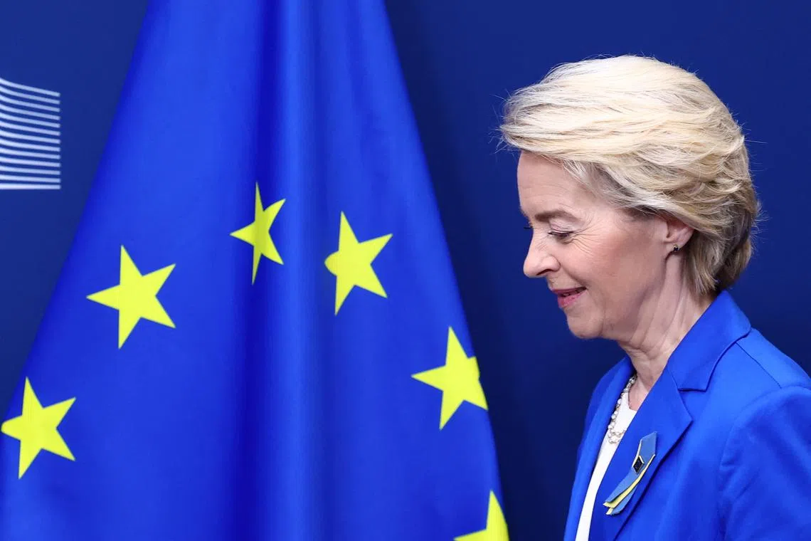 European Commission President Ursula von der Leyen receives Ukrainian Prime Minister Denys Shmyhal (not pictured), in Brussels, Belgium April 10, 2025. REUTERS/Yves Herman