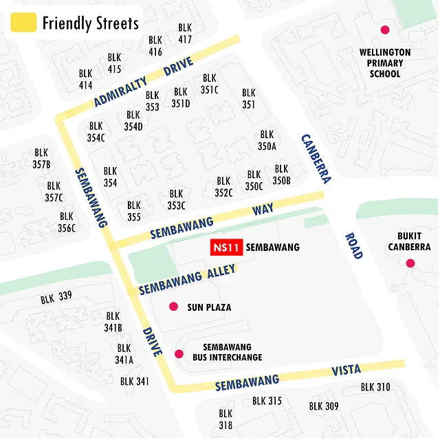 The Sembawang Friendly Streets covers Sembawang Drive, Sembawang Vista, Sembawang Alley, Sembawang Way and Admiralty Drive.