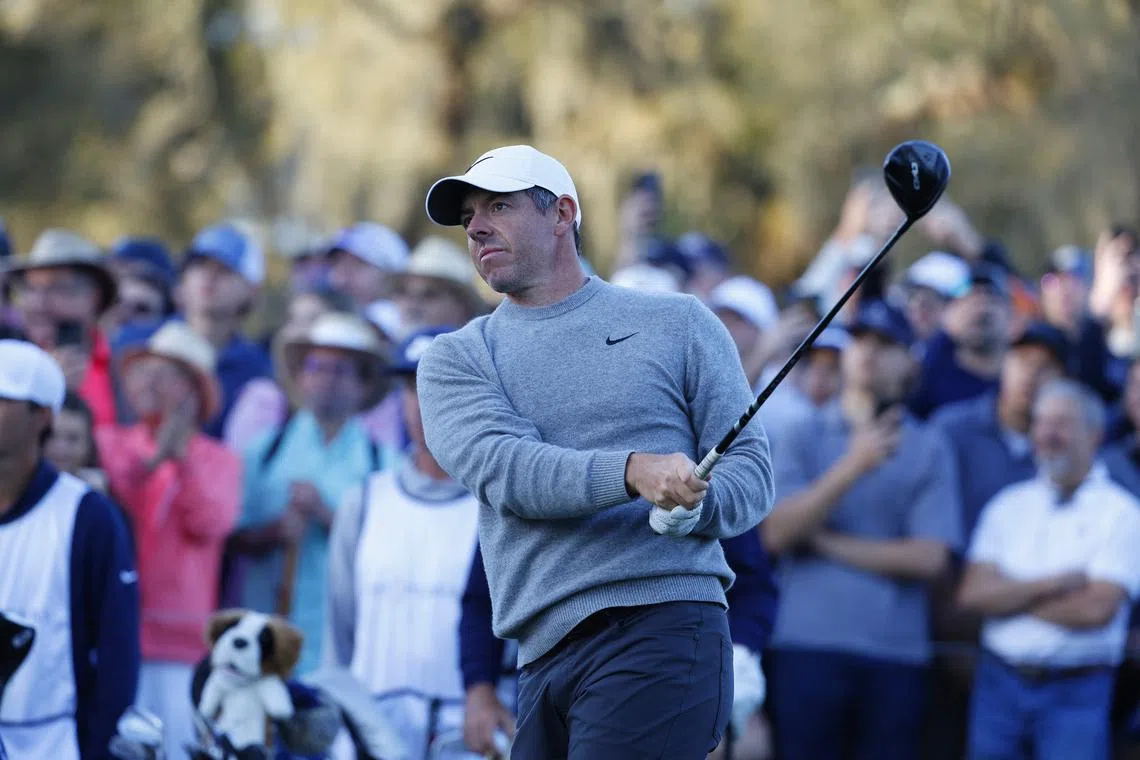 FILE PHOTO: Mar 14, 2025; Ponte Vedra Beach, Florida, USA; Rory Mcllroy hits off of the tenth tee during the second round of The Players Championship golf tournament at TPC Sawgrass. Mandatory Credit: Jeff Swinger-Imagn Images/File Photo