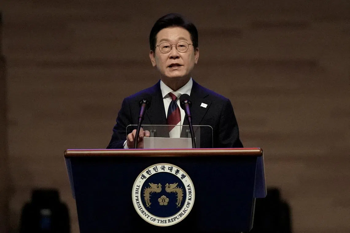 FILE PHOTO: South Korean President Lee Jae Myung speaks during a ceremony to celebrate the 80th anniversary of Korea's liberation from Japanese colonial rule, in Seoul, South Korea, Friday, Aug. 15, 2025. Ahn Young-joon/Pool via REUTERS/File Photo