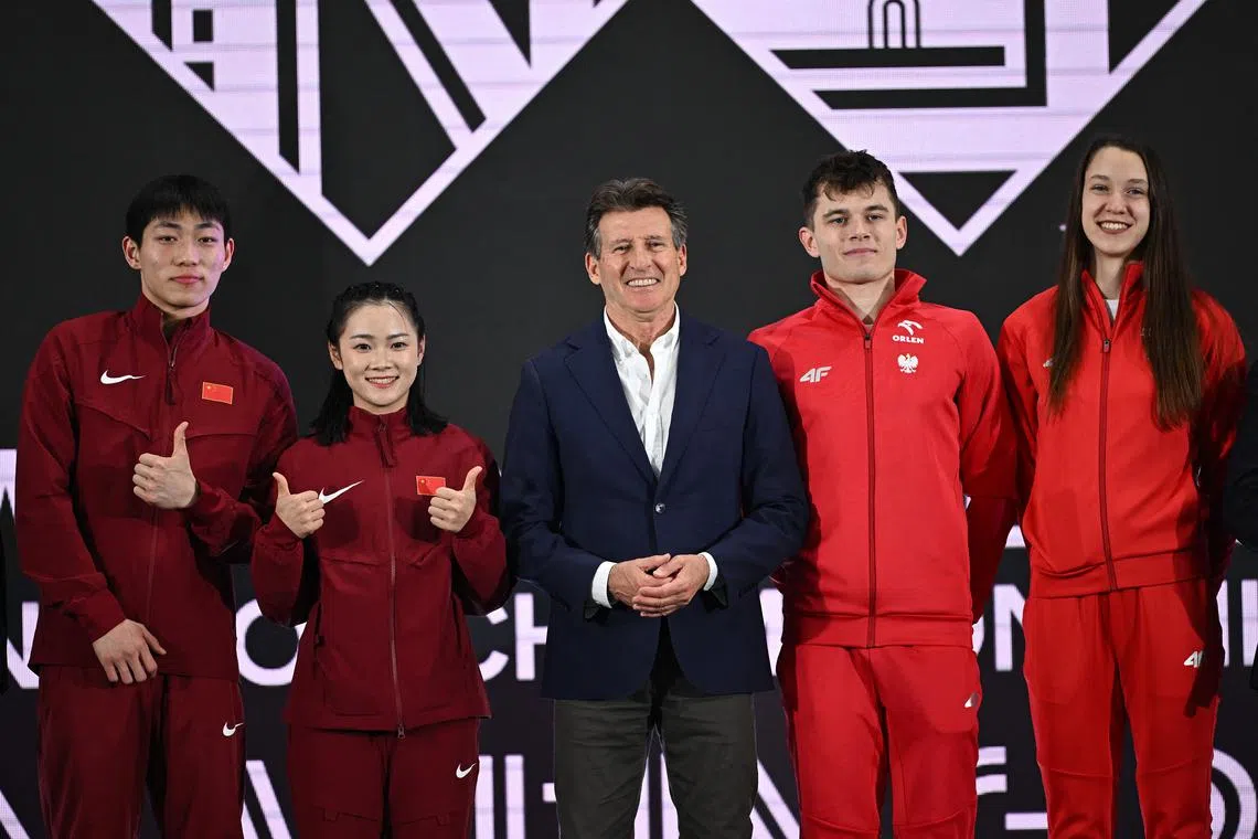 FILE PHOTO: Athletics - World Athletics Indoor Championships - Nanjing Youth Olympic Sports Park, Nanjing, China - March 23, 2025 World Athletics President Sebastian Coe pose for a picture with athletes REUTERS/Dylan Martinez/File Photo