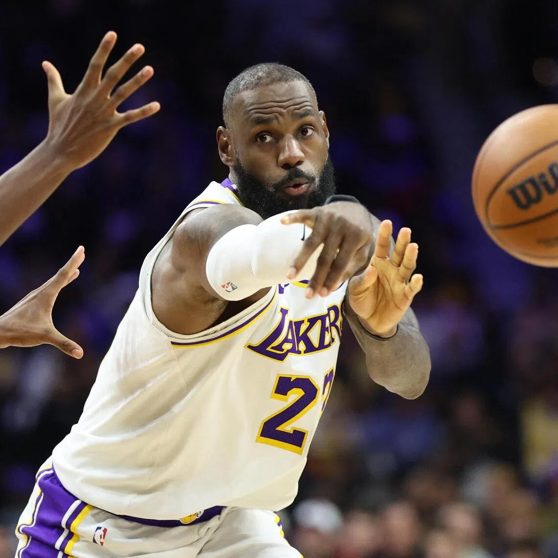 Los Angeles Lakers forward Lebron James passing the ball during the 112-108 NBA win over the Philadelphia 76ers at Xfinity Mobile Arena on Dec 7, 2025.