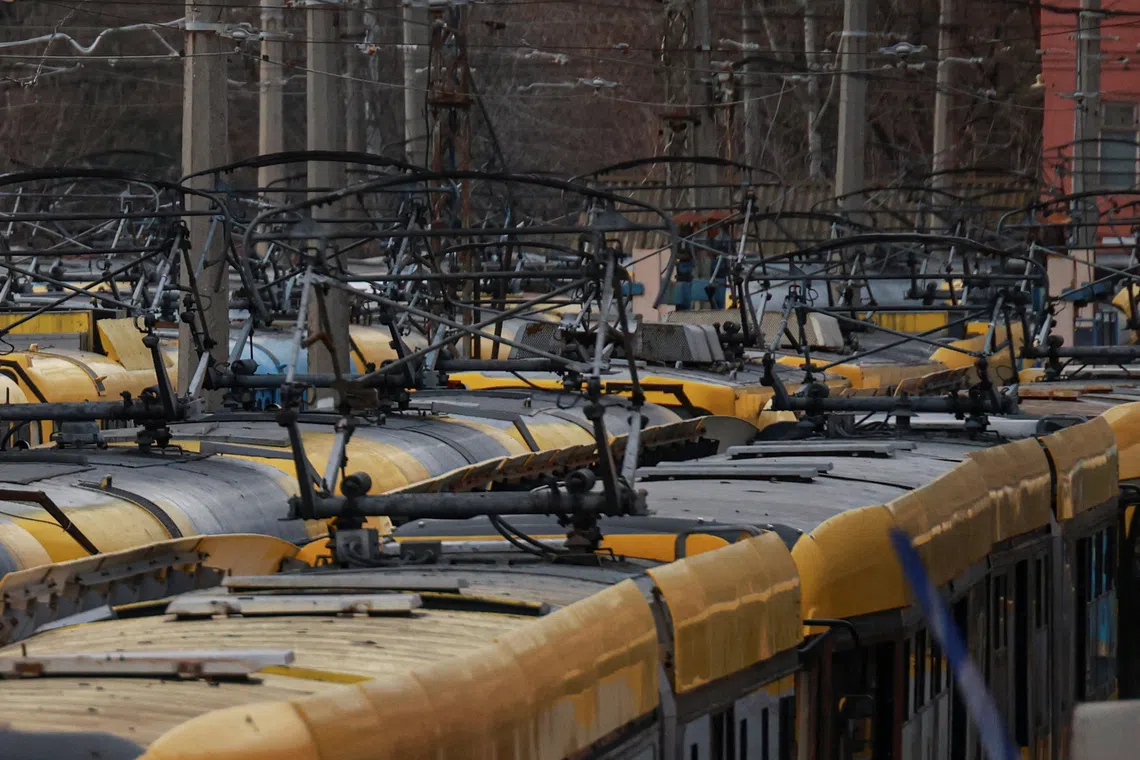 City trams stand in depot during a power blackout after critical civil infrastructure was hit by recent Russian missile and drone strikes, amid Russia's attack on Ukraine, in Odesa, Ukraine, December 17, 2025. REUTERS/Nina Liashonok