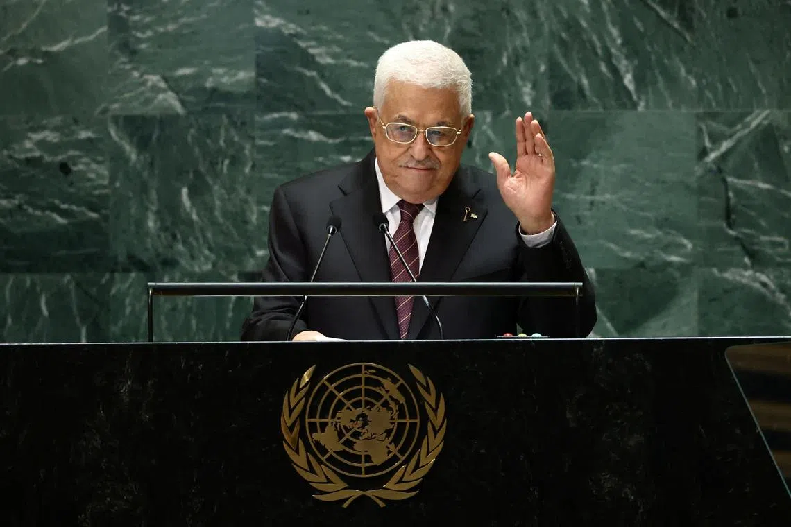 Palestinian President Mahmoud Abbas addresses the 79th United Nations General Assembly at United Nations headquarters in New York, U.S., September 26, 2024.   REUTERS/Brendan McDermid