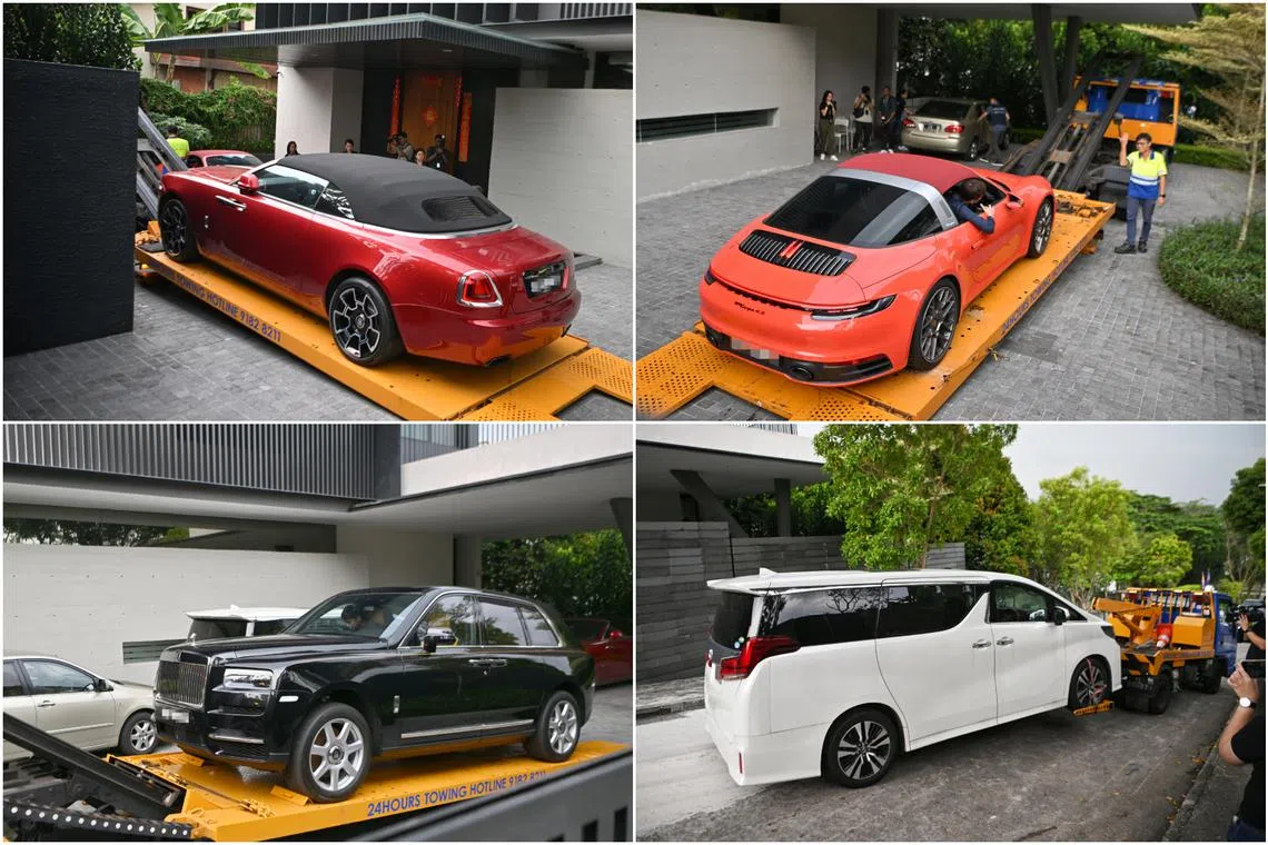 (Clockwise from top left) A red Rolls-Royce Dawn, a red Porsche 911 Targa, a white Toyota Alphard and a black Rolls-Royce Cullinan were seized from a good class bungalow in Third Avenue on Oct 25.