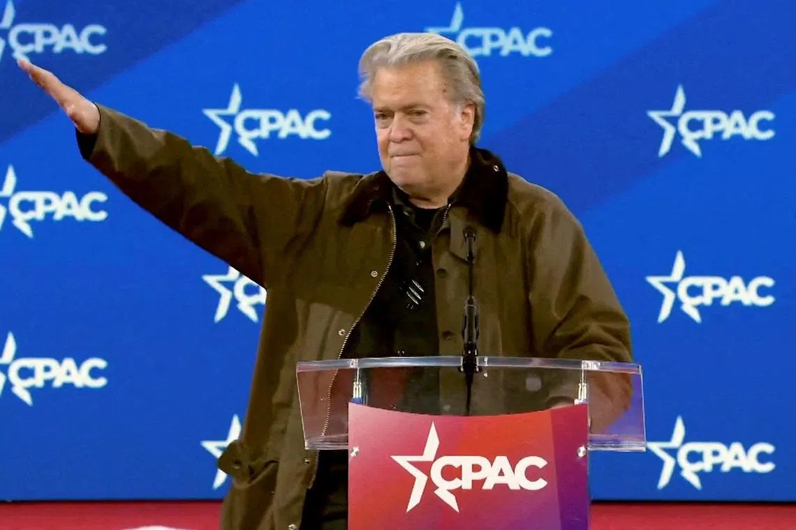 Former Trump aide Steve Bannon delivering a “gesture alluding to Nazi ideology” at the Conservative Political Action Conference in the US on Feb 20.
