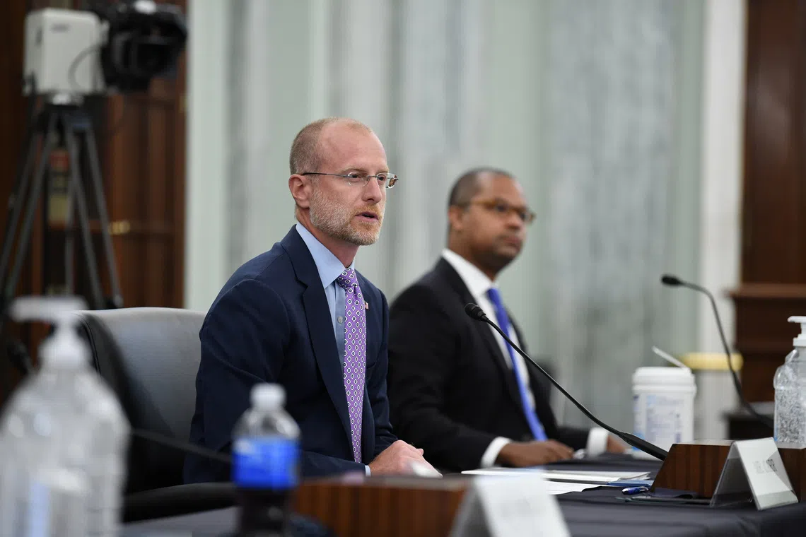 Brendan Carr answers questions during an oversight hearing held by the US Senate Commerce, Science, and Transportation Committee for the Federal Communications Commission, in Washington, in 2020.