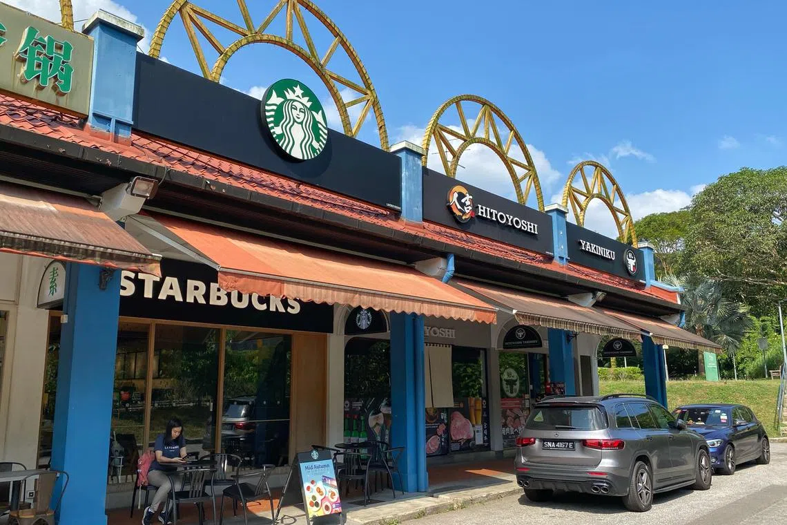 From left: Facade of shop units at 384, 382, 380 Upper Bukit Timah Road, The Rail Mall taken on July 29, 2024.