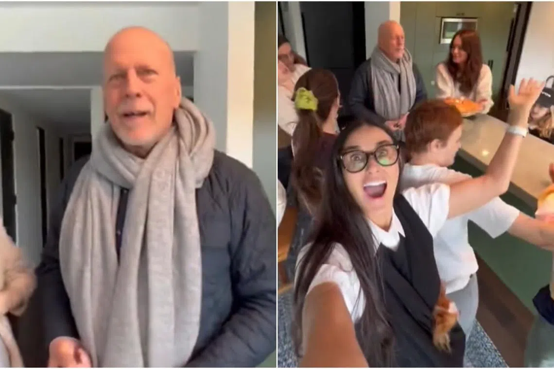 Bruce Willis can be seen celebrating his 68th birthday with Demi Moore, his children and his current wife, model Emma Heming Willis.
