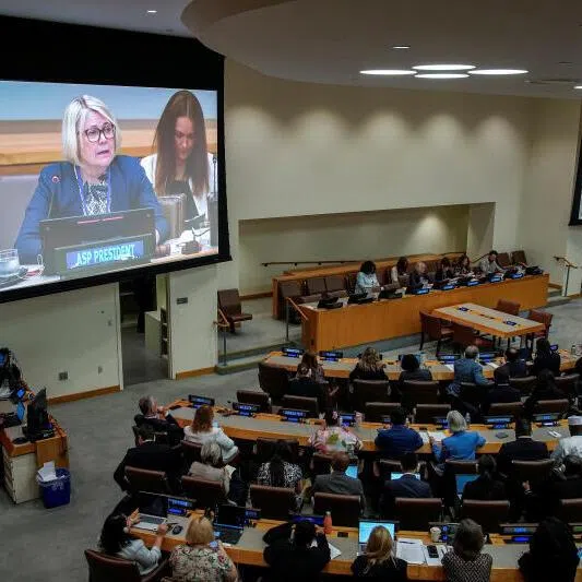 ICC Assembly of States Parties President Paivi Kaukoranta addresses delegates at UN headquarters in New York on July 24, before a vote on whether to fire chief prosecutor Karim Khan.