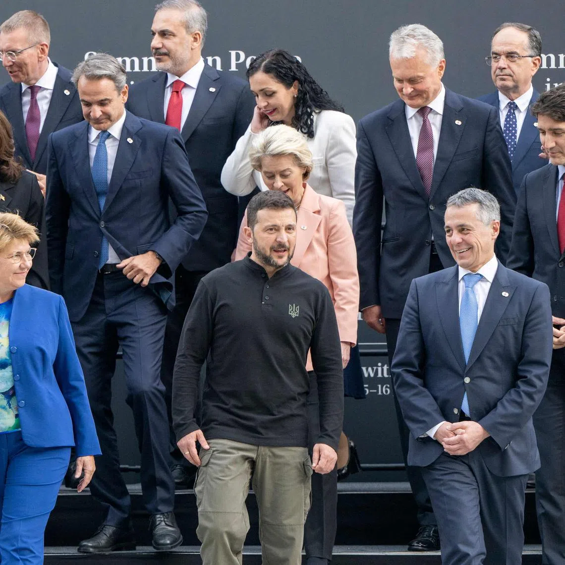 Ukrainian President Volodymyr Zelensky (foreground, centre) and other world leaders at the peace summit in Switzerland on June 15.