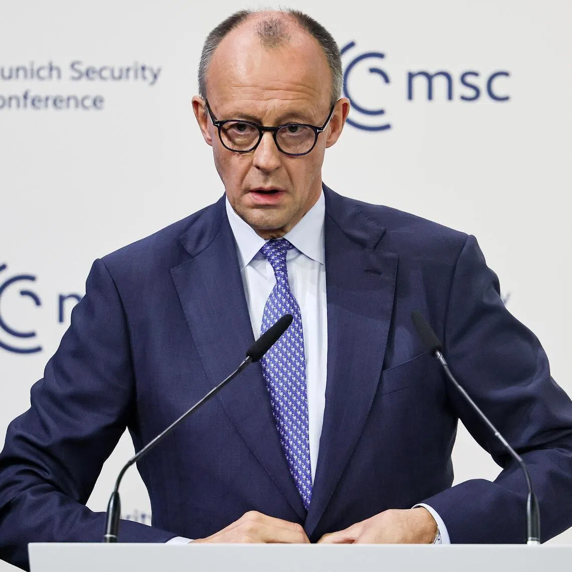 epa12734256 German Federal Chancellor Friedrich Merz delivers a speech during the 62nd Munich Security Conference (MSC) at the hotel 'Bayerischer Hof', in Munich, Germany, 13 February 2026. The 62nd Munich Security Conference, running from 13 to 15 February 2026, is expected to host around 50 world leaders.  EPA/RONALD WITTEK