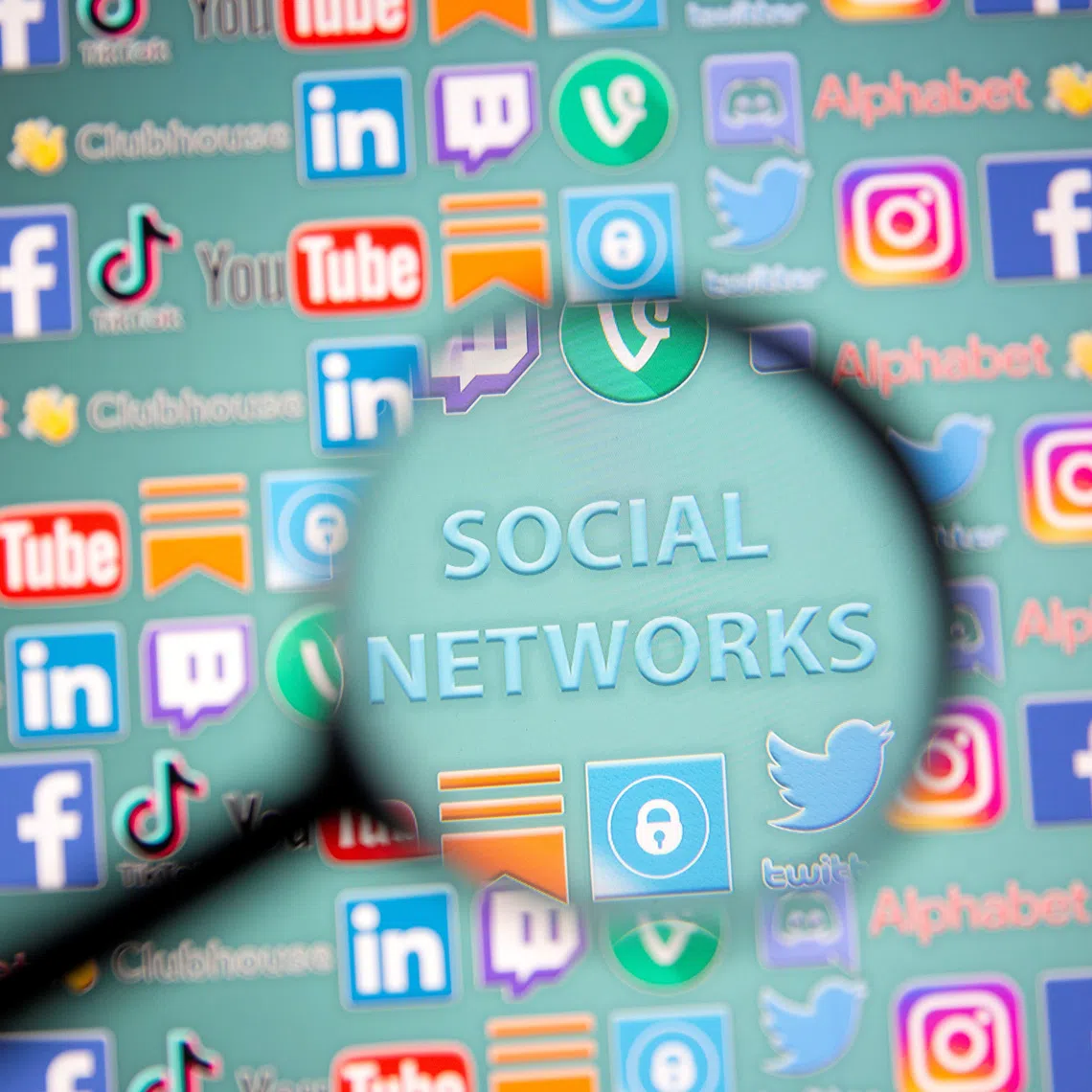 Social network words and social media logos are seen through magnifier displayed in this illustration taken, May 25, 2021. Picture taken May 25, 2021. REUTERS/Dado Ruvic/Illustration