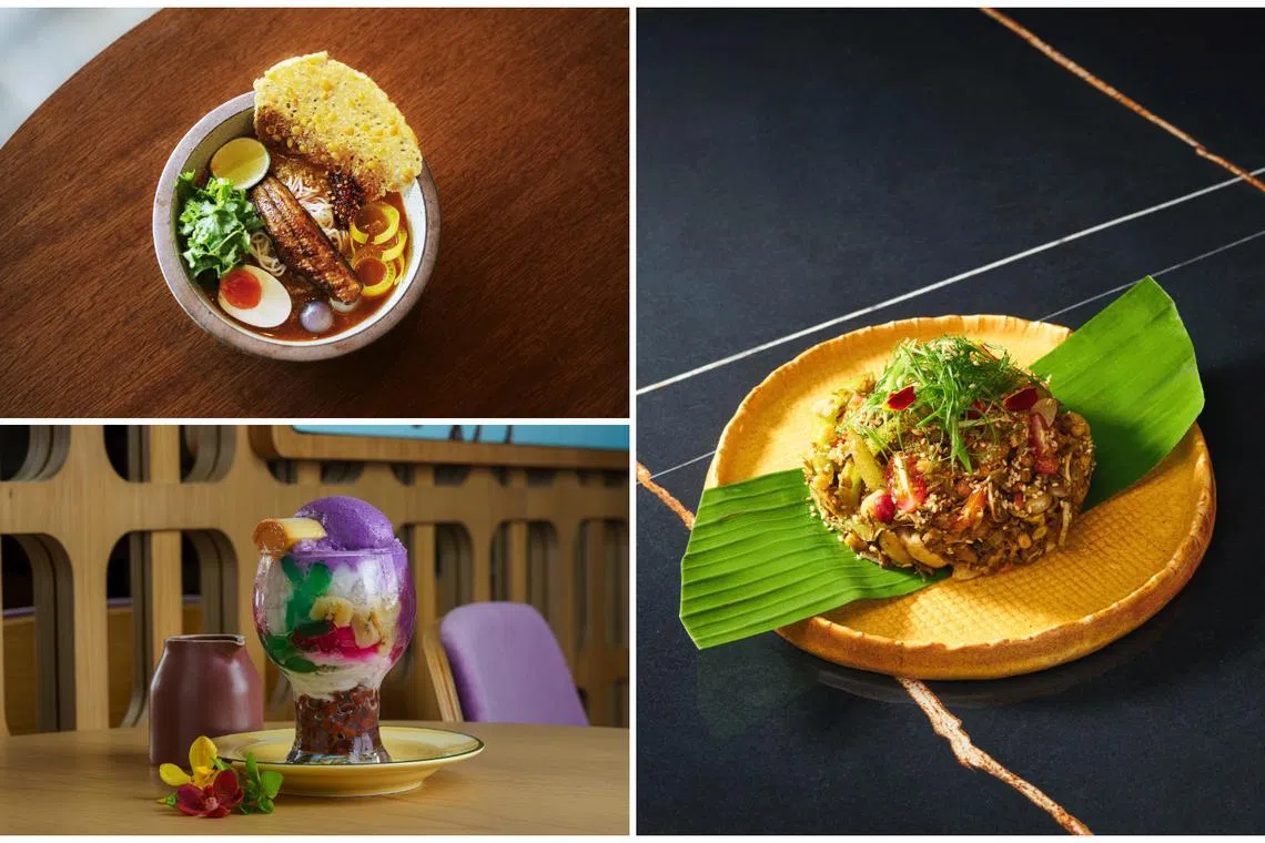 (Clockwise from top left) Mohinga at Club Rangoon, Laphet Thoke at Burma Social and Halo Halo dessert at Hayop..