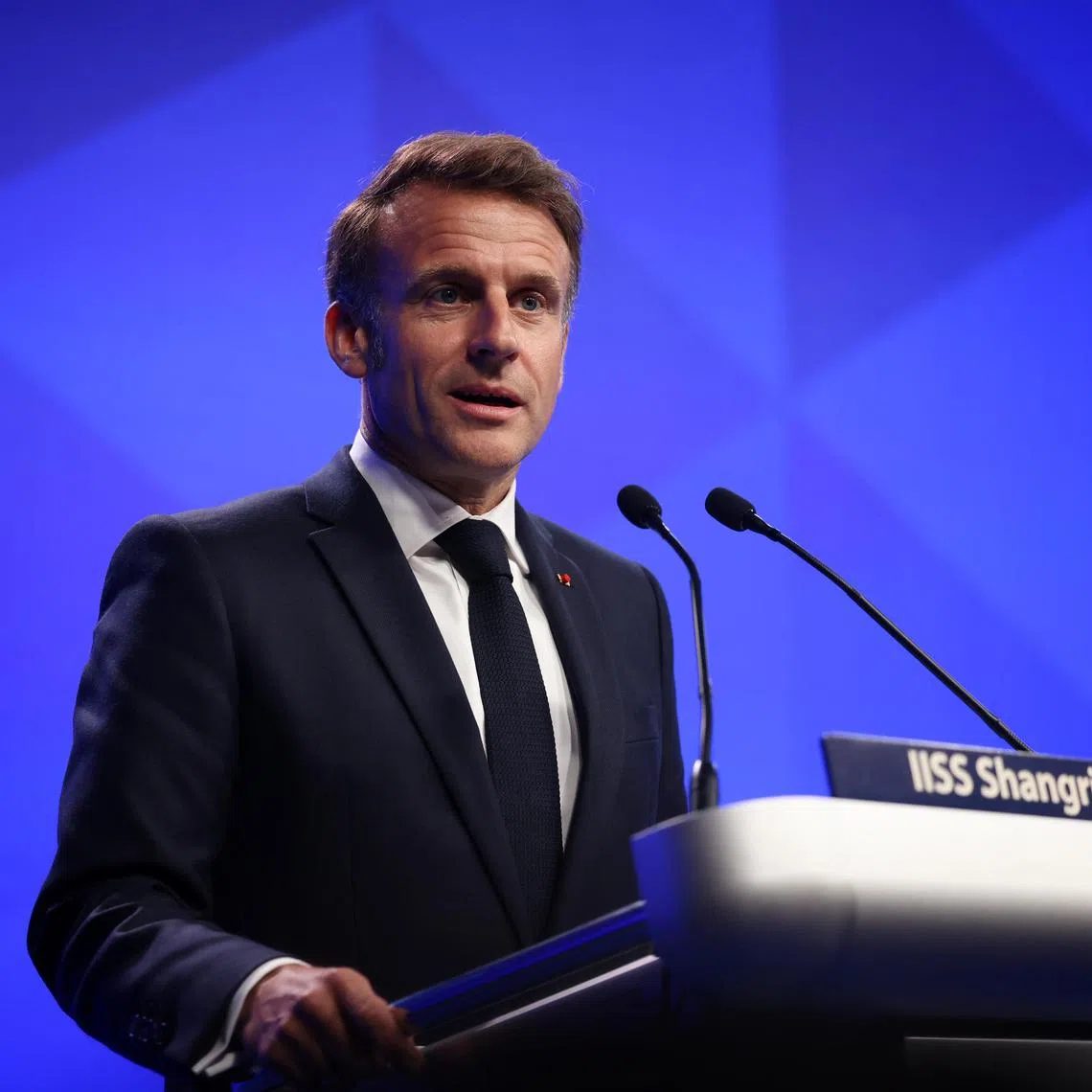 French President Emmanuel Macron delivering the keynote address at the IISS Shangri-La Dialogue on May 30. 