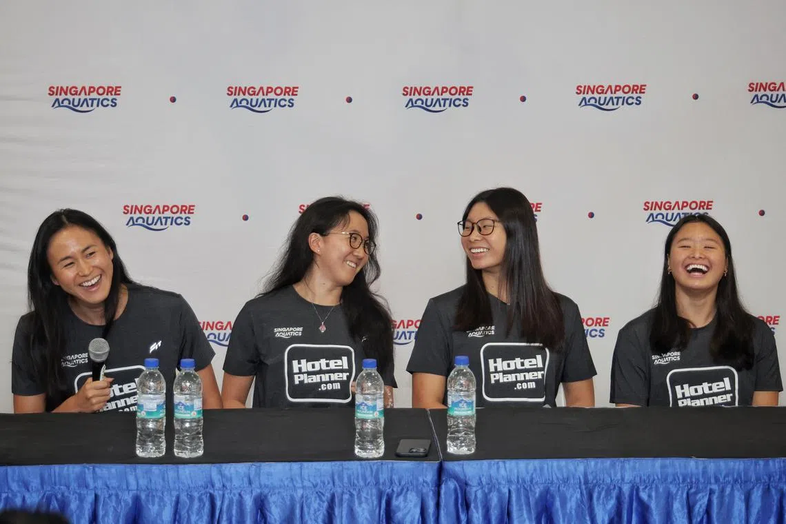 Press conference with Singapore women's Paris 2024 Olympics bound 4x100m medley relay team of (L-R) Quah Ting Wen, Quah Jing Wen, Letitia Sim and Levenia Sim at OCBC Aquatic Centre on March 6, 2024.