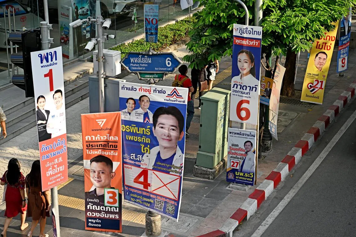 ST20230429_202353068361/Steph/Generic pix of election campaign posters along Phahon Yothin road in Bangkok seen on May 9, 2023, as election fever heightens in this last week of campaigning before Thais go to the polls on Sunday, May 14, 2023.