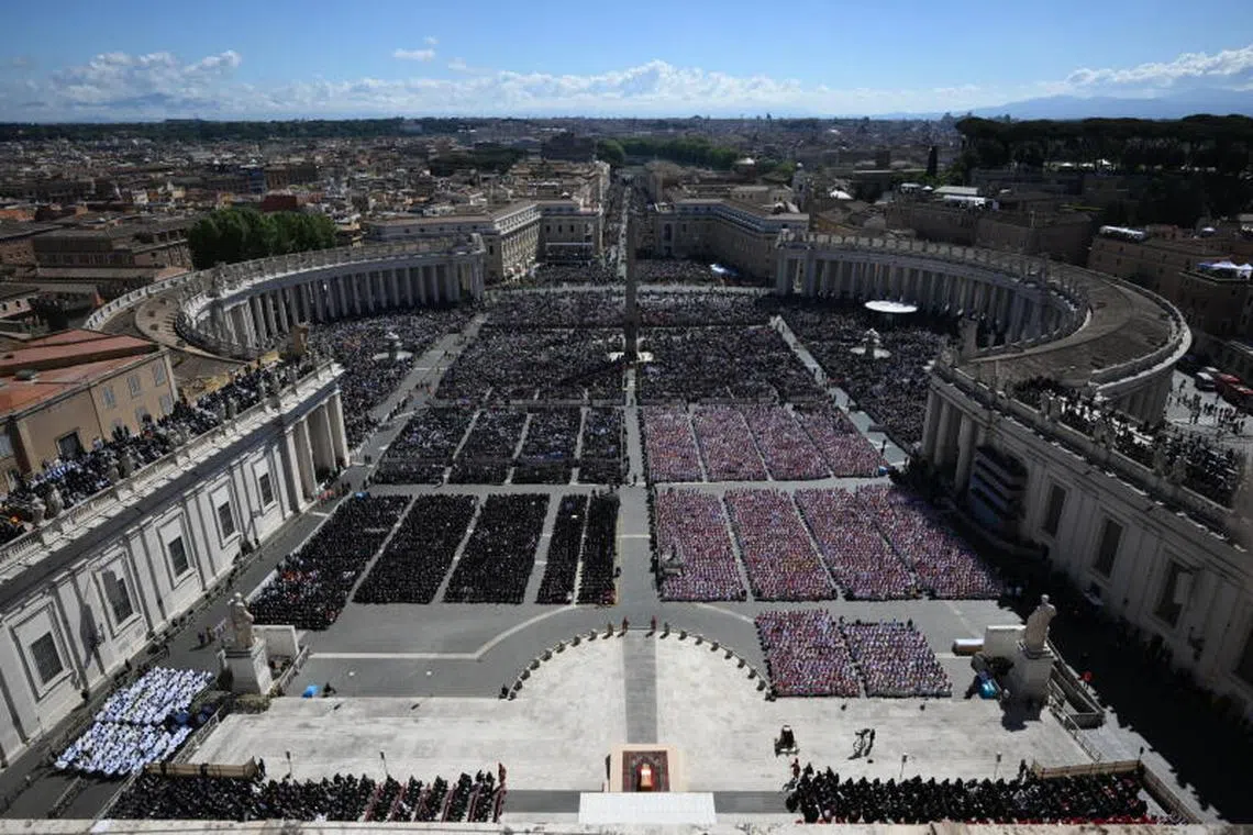 epa12055879 An aerial view for the funeral Mass of Pope Francis in Saint Peter's Square in Vatican City, 26 April 2025. Pope Francis passed away on Easter Monday, 21 April 2025, at the age of 88. EPA-EFE/FABIO FRUSTACI