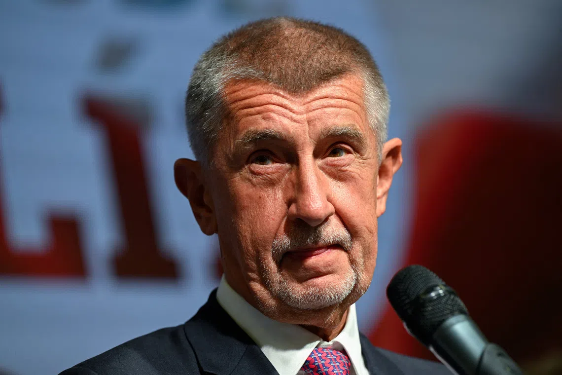 Leader of ANO party Andrej Babis looks on as he speaks during a press conference after the preliminary results of the parliamentary election, at the party's election headquarters in Prague, Czech Republic, October 4, 2025. REUTERS/Radovan Stoklasa