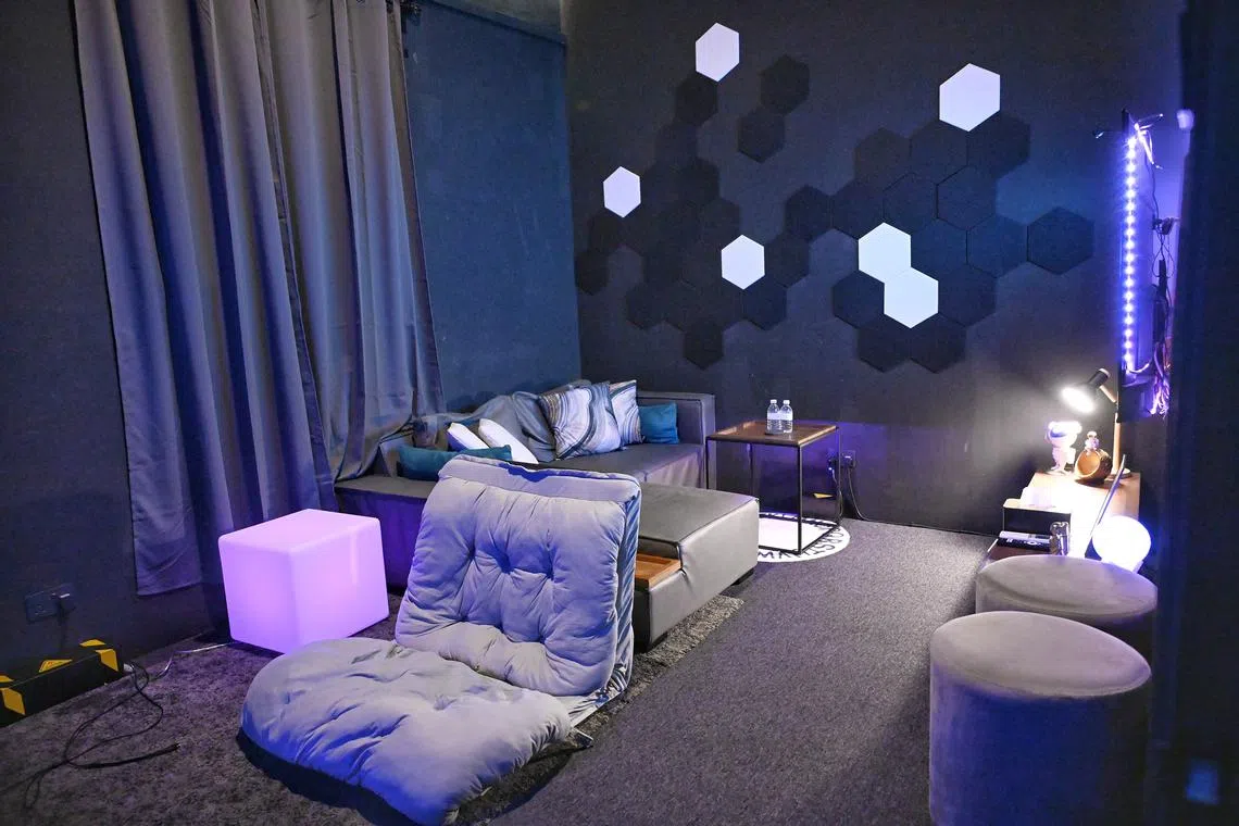 Source : ST

Byline : DESMOND WEE


Caption/Body : Shots of three of the business' main spaces and entryway, with a focus on capturing the distinctive designs of each of the rooms at 4Play Singapore, 568A Serangoon Rd, #02-00, Singapore 218183. Photo was taken on May 20 , 2024 . In land-scarce Singapore, young adults continuing to live with their parents well into their 30s has created an opportunity for businesses looking to cash in by offering up spaces by the hour for social gatherings (date nights, movie nights, birthdays). The business owners share the design choices that go into designing welcoming spaces that appeal to young adults.