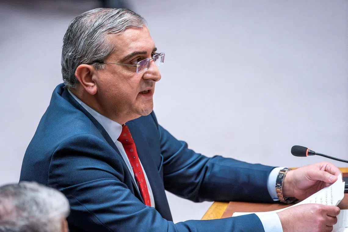 FILE PHOTO: Permanent Representative of the Syrian Arab Republic to the United Nations, Koussay Aldahhak, speaks to members of Security Council during a meeting on the situation in the Middle East at U.N. headquarters in New York City, New York, U.S., April 14, 2024. REUTERS/Eduardo Munoz/File Photo