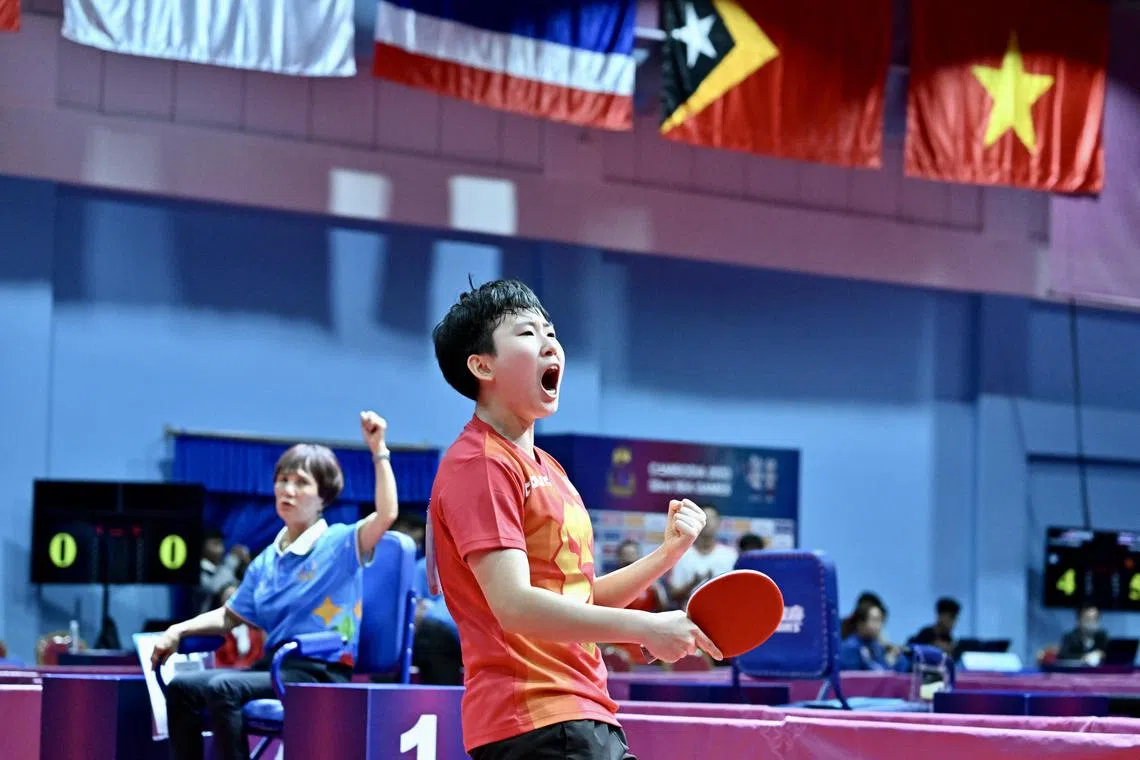 Zhou Jingyi in action during the women’s singles  match on 15 May 2023.
Coverage of the Cambodia 2023 Southeast Asian Games on 15 May 2023.
