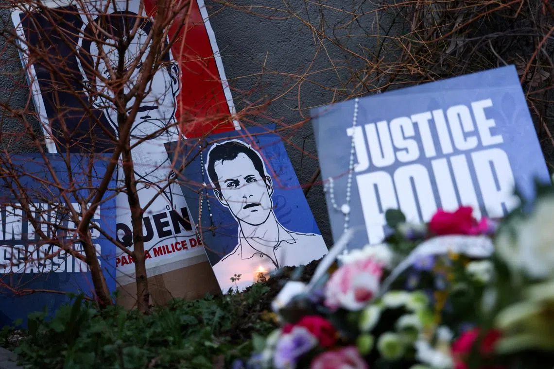 Makeshift memorial for far-right activist Quentin Deranque, who was beaten to death in a fight with alleged hard-left activists, at the site where the attack took place, in Lyon, France, on Feb 21.