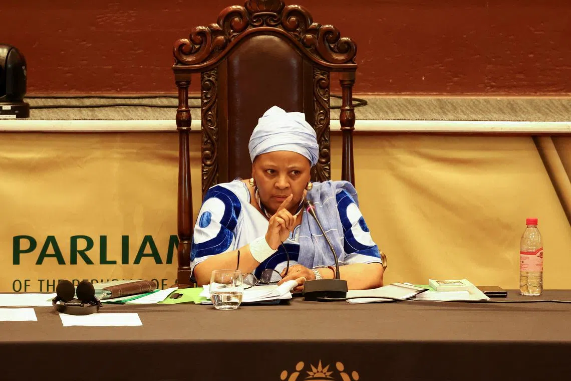 FILE PHOTO: Speaker of the National Assembly, Nosiviwe Mapisa-Nqakula presides over South Africa's parliament debate in Cape Town, South Africa, December 13, 2022. REUTERS/Esa Alexander/File Photo