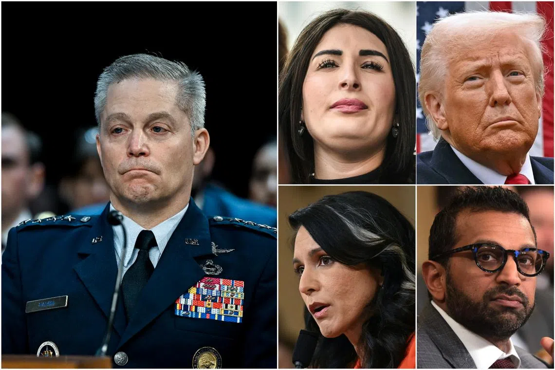 (Clockwise from left) Dismissed US National Security Agency chief Timothy Haugh, right-wing influencer Laura Loomer, President Donald Trump, FBI director Kash Patel and National Intelligence director Tulsi Gabbard.
