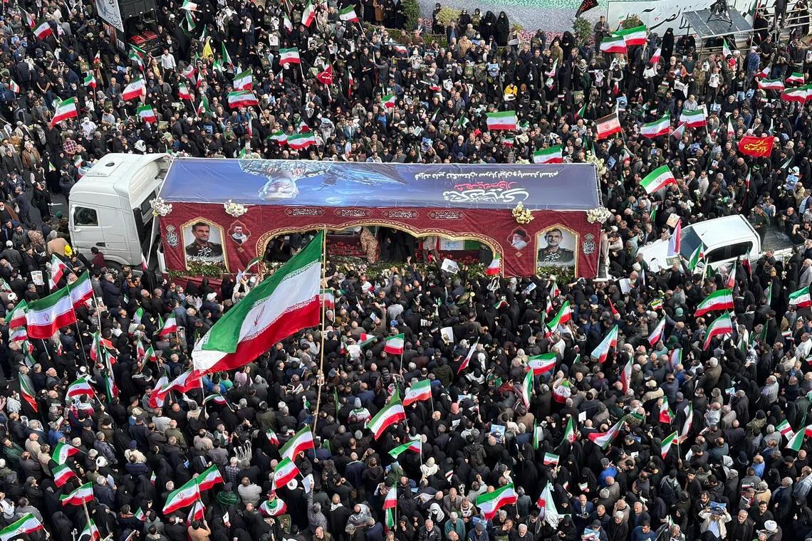 The public funeral of Mr Alireza Tangsiri, the commander of the naval forces of Iran's Islamic Revolutionary Guards Corps, as well as other recent victims of US-Israeli airstrikes in Tehran, on April 1, 2026.