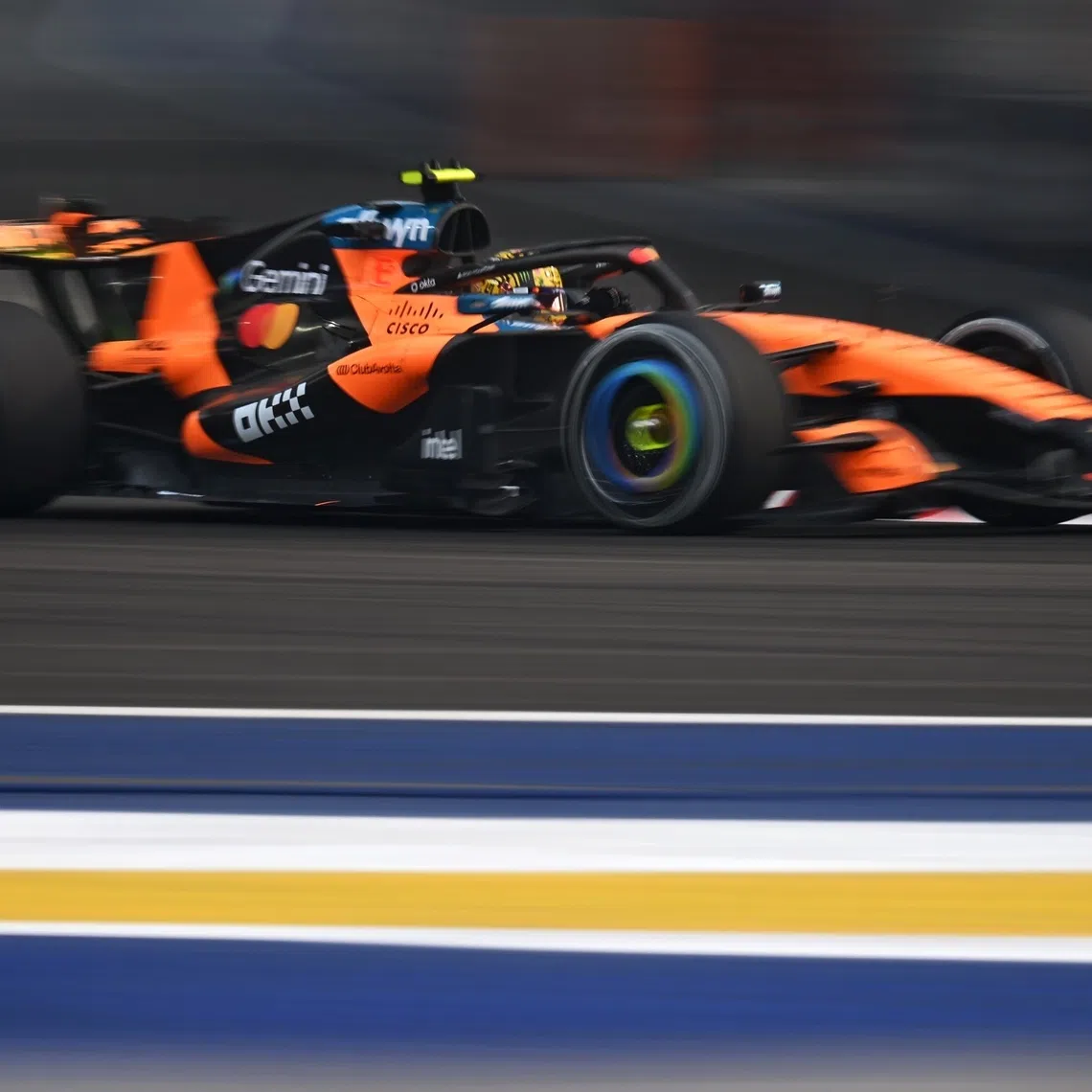 No. 1 McLaren Mastercard F1 Team, British driver, Lando Norris in action during the first practice session at the F1 Marina Bay Street Circuit on Oct 9, 2026.