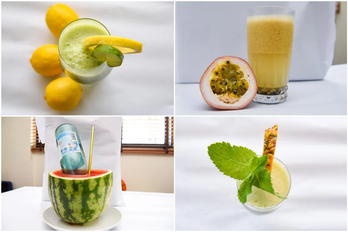 (Clockwise from top left) Cucumber lemon tonic, passionfruit green tea, pineapple coconut slushie and watermelon soju.