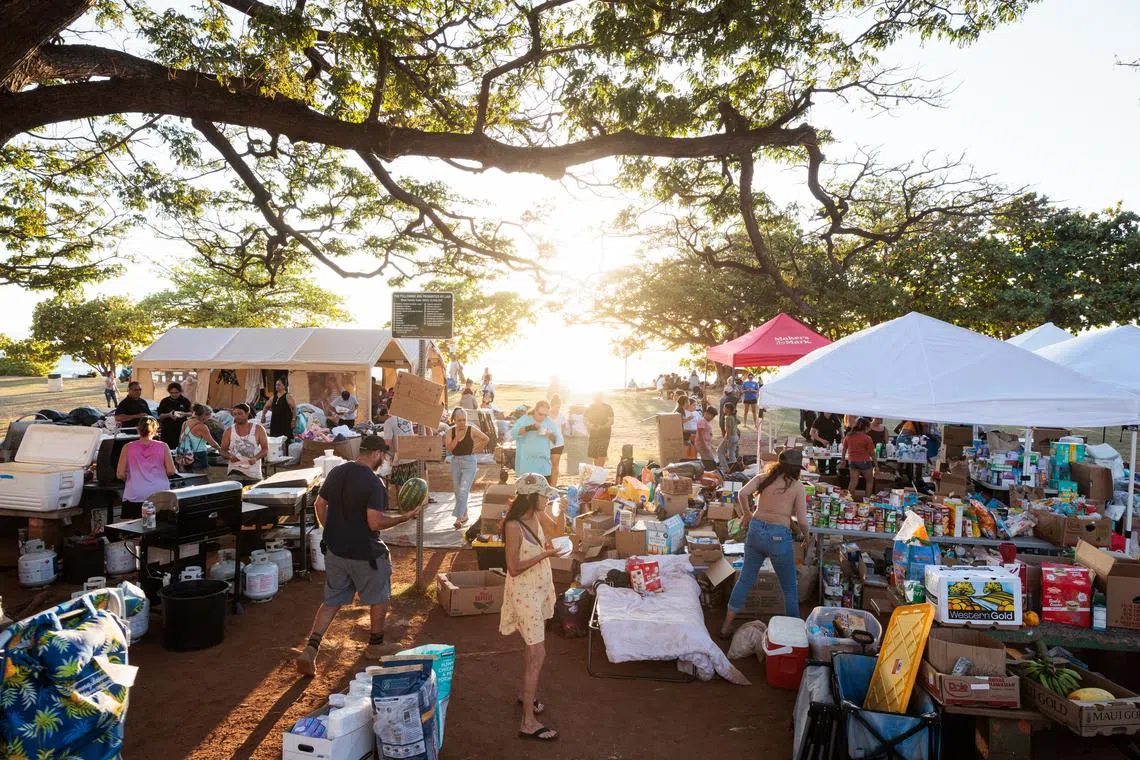 Supplies being distributed to those evacuated from Lahaina, the Hawaiian town devastated by wildfires, at a volunteer-run centre in Maui on Aug 12.
