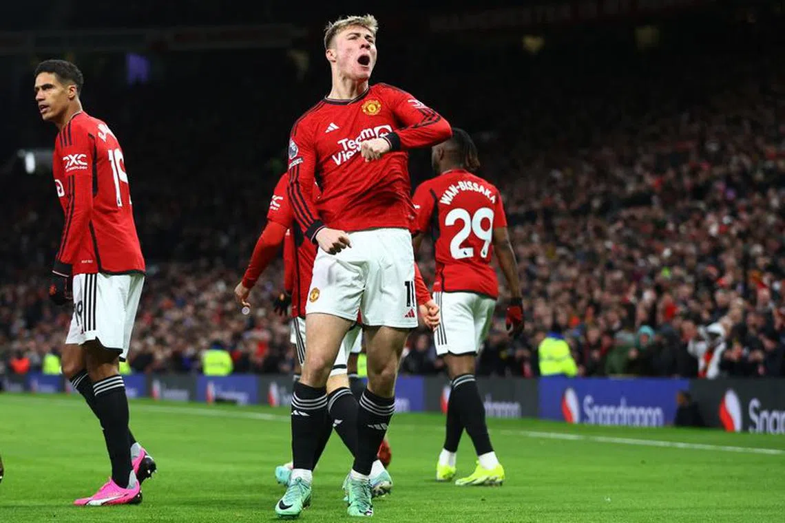 Soccer Football - Premier League - Manchester United v Tottenham Hotspur - Old Trafford, Manchester, Britain - January 14, 2024 Manchester United's Rasmus Hojlund celebrates scoring their first goal REUTERS/Carl Recine