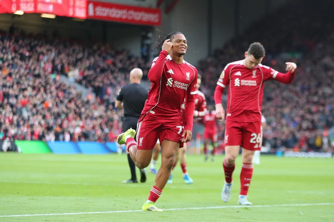 Rio Ngumoha celebrates scoring the opening goal for Liverpool, becoming the club’s youngest player to score a Premier League goal at Anfield.