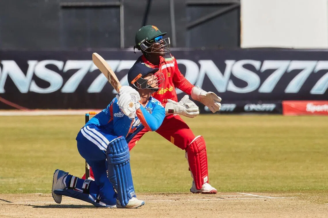 India's Vaibhav Sooryavanshi watches the ball after playing a shot during the third Twenty20 international cricket match between Zimbabwe and India at Harare Sports Club in Harare, on July 26, 2026. (Photo by Jekesai NJIKIZANA / AFP)