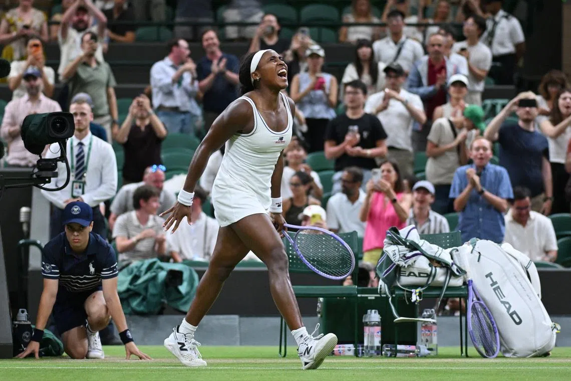 Coco Gauff celebrates after winning her fourth round match against Switzerland’s Belinda Bencic.