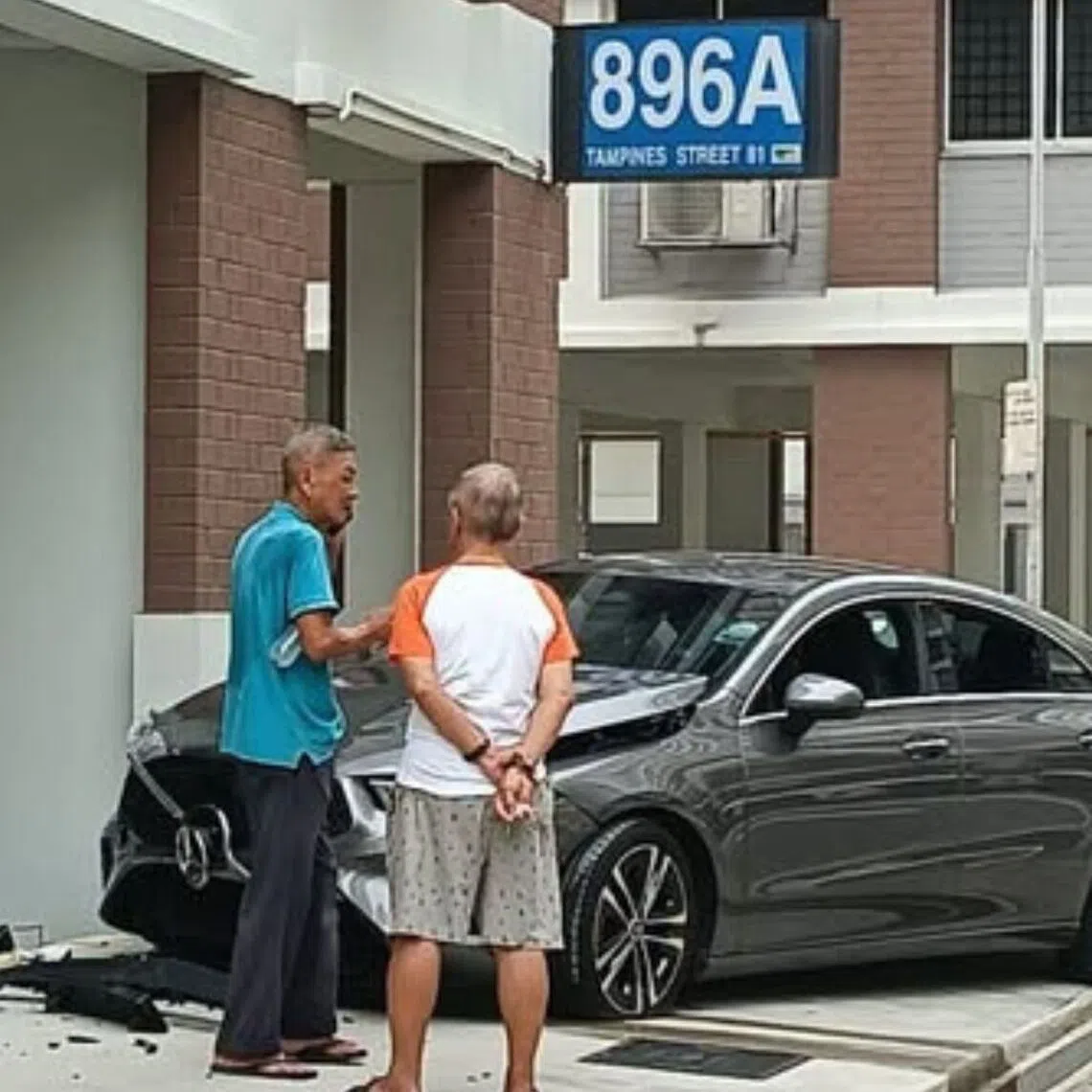 A car that was believed to have skidded along the service road of Block 896A Tampines Street 81.