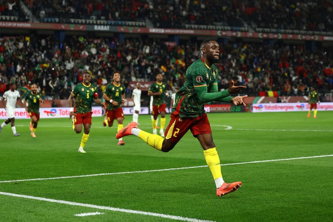 Soccer Football - CAF Africa Cup of Nations - Morocco 2025 - Round of 16 - South Africa v Cameroon - Al Medina Stadium, Rabat, Morocco - January 4, 2026 Cameroon's Junior Tchamadeu celebrates scoring their first goal REUTERS/Siphiwe Sibeko