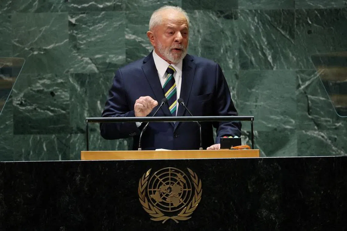 FILE PHOTO: Brazil's President Luiz Inacio Lula da Silva addresses the U.N. General Assembly in New York City, U.S., September 19, 2023.  REUTERS/Mike Segar/File Photo