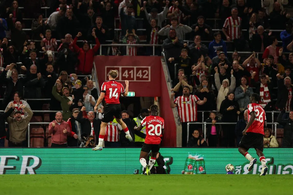 Southampton's James Bree celebrates after scoring in the 3-2 League Cup win over Stoke City.