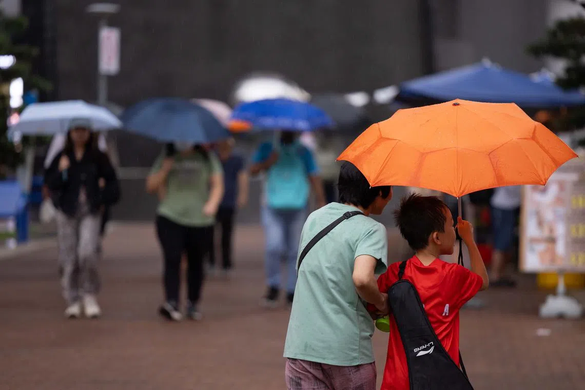 ST20240701_202476731247/pixrain01/Brian Teo/Passers-by using umbrellas to shelter from the rain at Clementi on July 1, 2024. ST PHOTO: BRIAN TEO