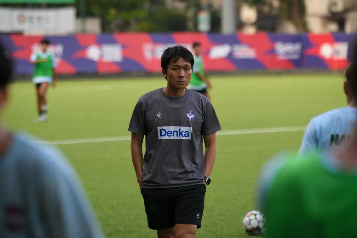 Albirex Niigata’s interim head coach Keiji Shigetomi, 45, overlooking a training session at the Jurong East Stadium ahead of a July 27 crunch clash against league leaders BG Tampines Rovers.