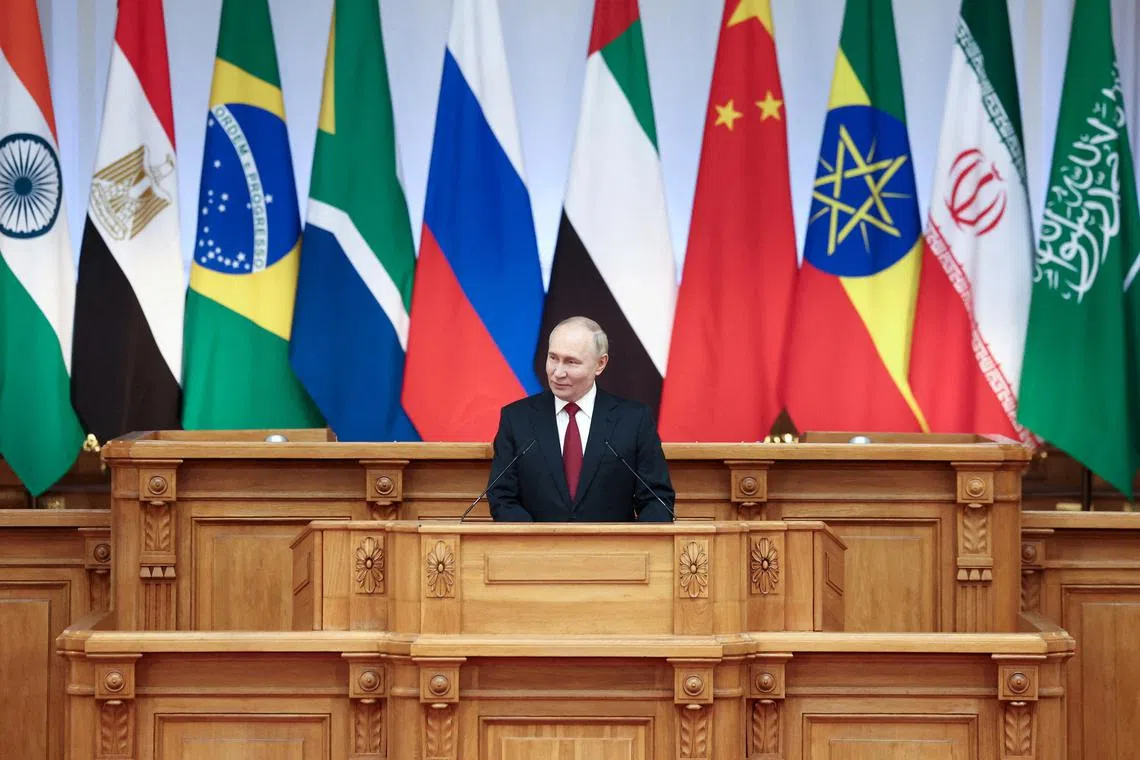 FILE PHOTO: Russian President Vladimir Putin speaks at the BRICS Parliamentary Forum in Saint Petersburg, Russia July 11, 2024.  Valeriy Sharifulin/Host Photo Agency BRICS-RUSSIA2024.RU/Handout via REUTERS/File Photo