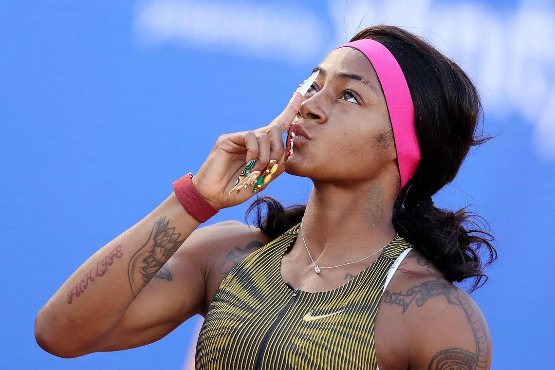 EUGENE, OREGON - JUNE 22: Sha'Carri Richardson looks on ahead of competing in the women's 100 meter dash semi-final on Day Two of the 2024 U.S. Olympic Team Track & Field Trials at Hayward Field on June 22, 2024 in Eugene, Oregon.   Christian Petersen/Getty Images/AFP (Photo by Christian Petersen / GETTY IMAGES NORTH AMERICA / Getty Images via AFP)
