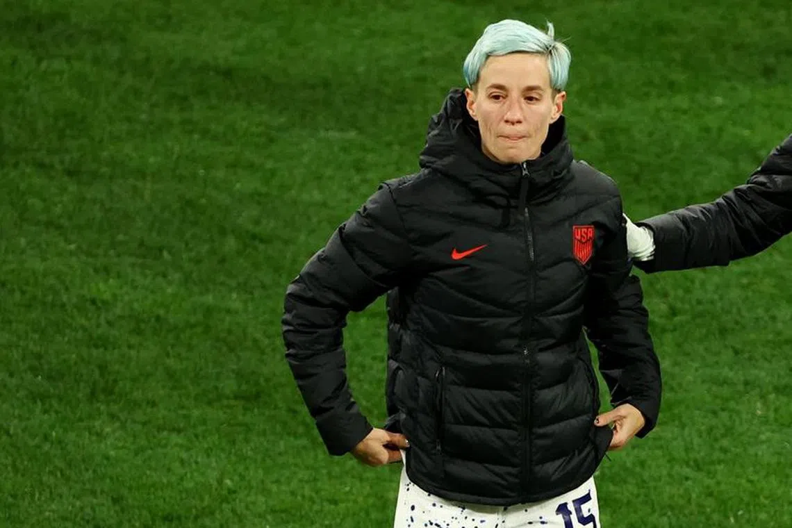 FILE PHOTO: Soccer Football - FIFA Women’s World Cup Australia and New Zealand 2023 - Round of 16 - Sweden v United States - Melbourne Rectangular Stadium, Melbourne, Australia - August 6, 2023 Megan Rapinoe of the U.S. looks dejected after the losing the penalty shootout and being knocked out of the World Cup REUTERS/Hannah Mckay/File Photo